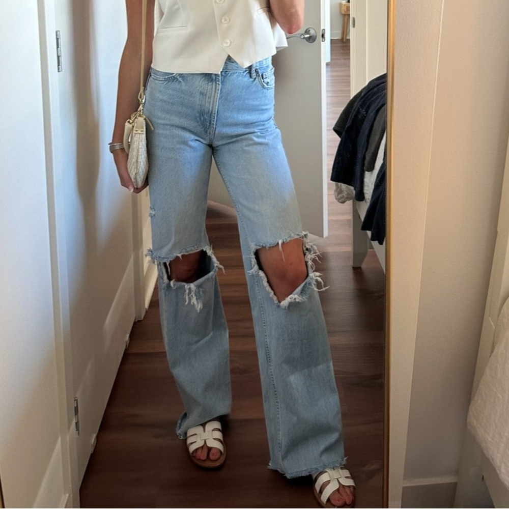 Zara Light Blue Wide-Leg Distressed Jeans